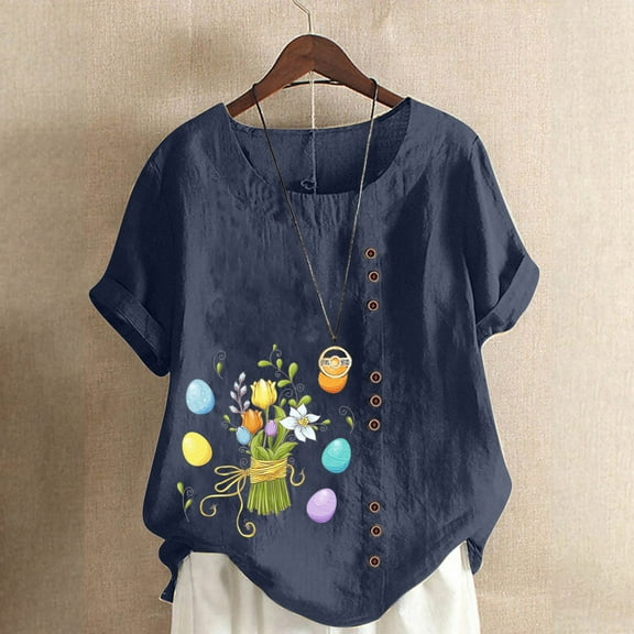 EQWLJWE Women Plus Size Easter Tshirt Tops Trendy Floral Print Casual Loose Fit Tunic Tee Lady Summer Crewneck Blouse Easter Gifts Navy(S-5Xl)