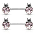 thumbnail image 1 of Pair of Nipple Barbell Rings Cat with Black Crystal Eyes over Heart Design 14g, 1 of 5