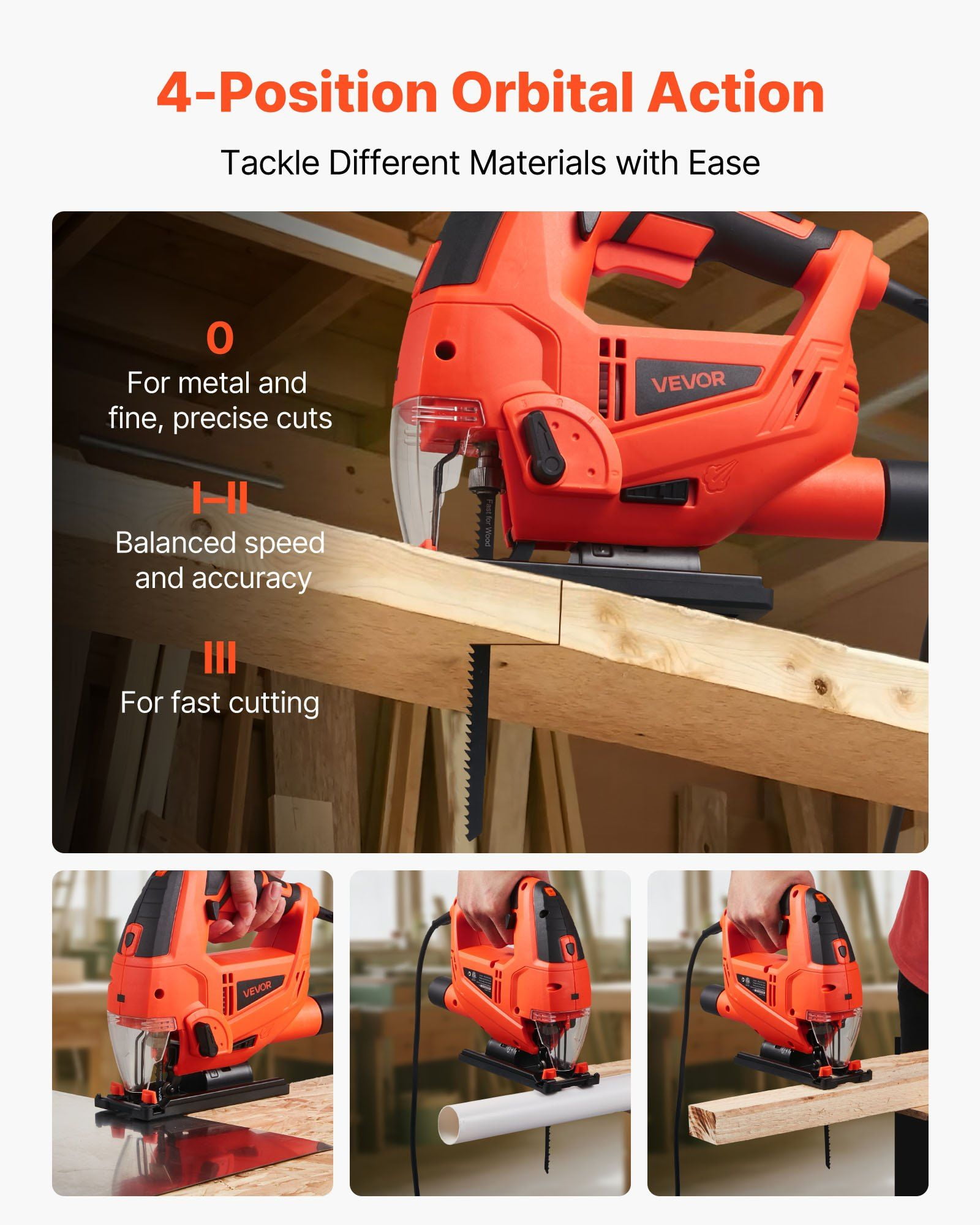 6.5 Amp 3000 SPM Electric Jigsaw with 6 Blades LED Light 6 Variable Speed 0-45 Degree Bevel Cuts 4 Orbital Settings for Wood and Metal Cutting