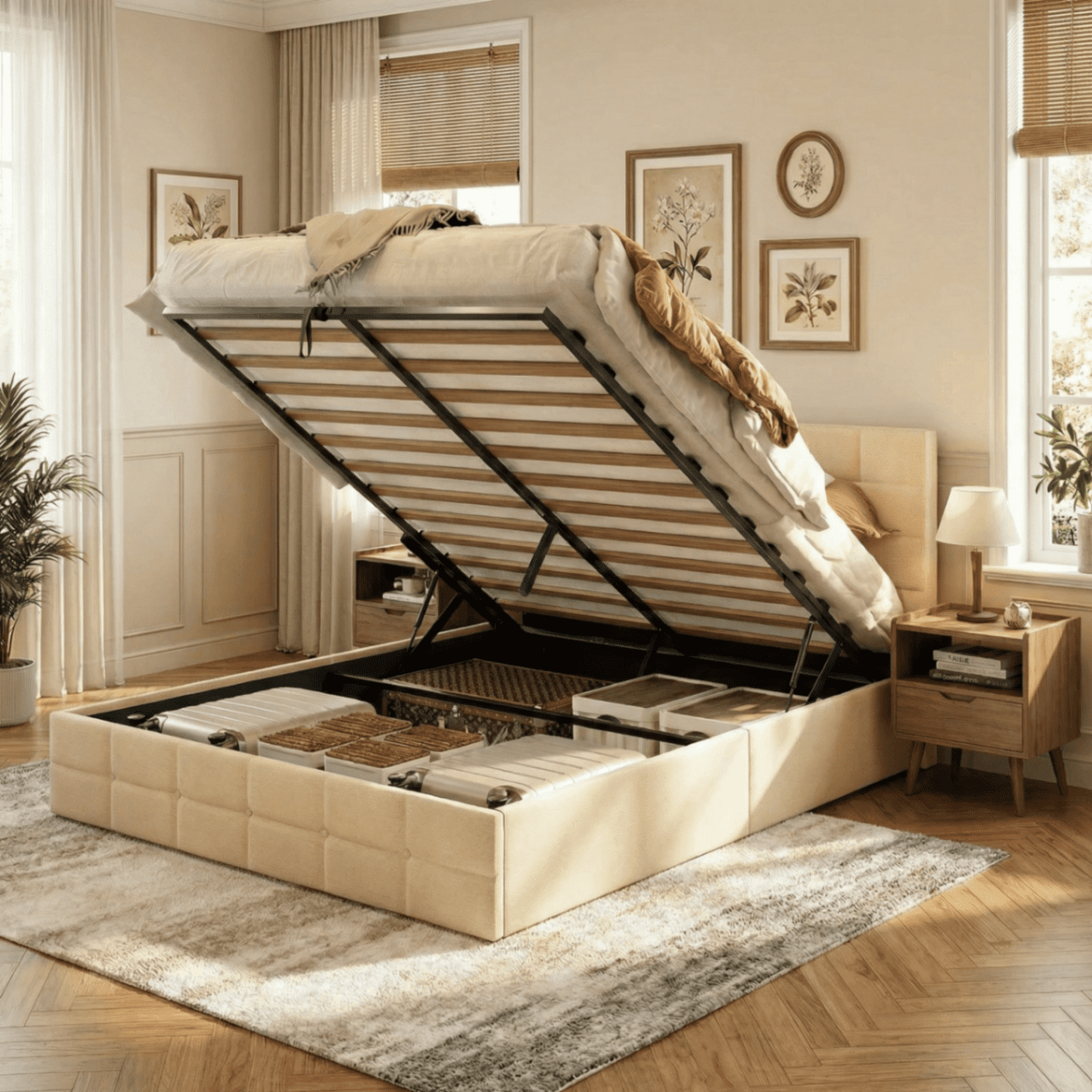 Queen Lift Up Storage Bed w/ Hydraulic, Upholstered Wingback Headboard Bed Frame, Wood Slats, Steel Frame, No Box Spring, Underbed Storage, Anti-Slip, Noise-Free, Sturdy & Space-Saving, Beige