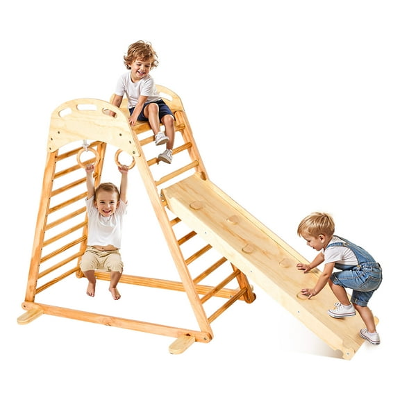 VEVOR Indoor Playground Jungle Gym, 4-in-1 Wooden Indoor Playground Climbing Toys for Kids, Montessori Toddlers Climber Playset with Climbing Rock, Slide, Wooden Ladder & Gym Rings, 220LBS Loading