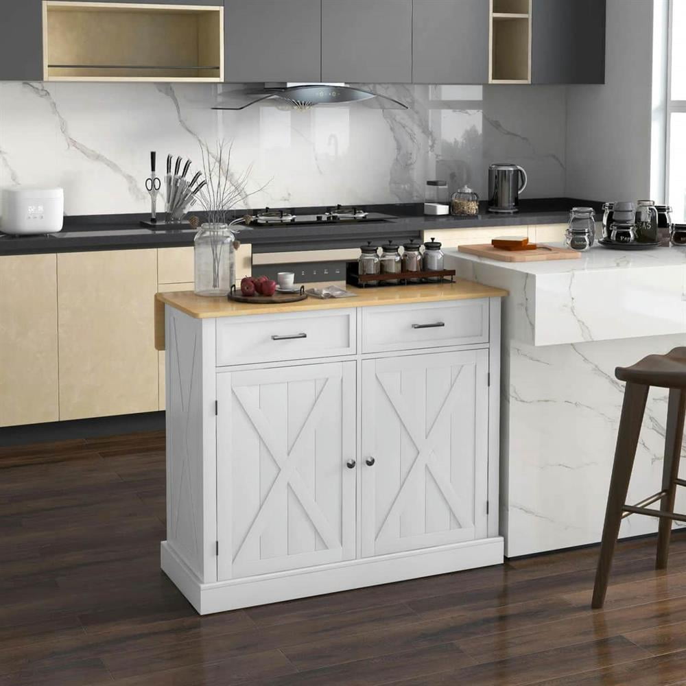 GVN Rolling Kitchen Table, Kitchen Island,Rolling Kitchen Island with Drop Leaf Wood Breakfast Bar, Farmhouse Kitchen Cart with 2 Drawers,White