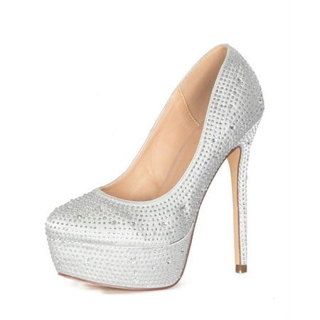 Lauren Lorraine Victoria Platform Pump Rhinestone High Heel Formal Dress Shoes (Silver  8)