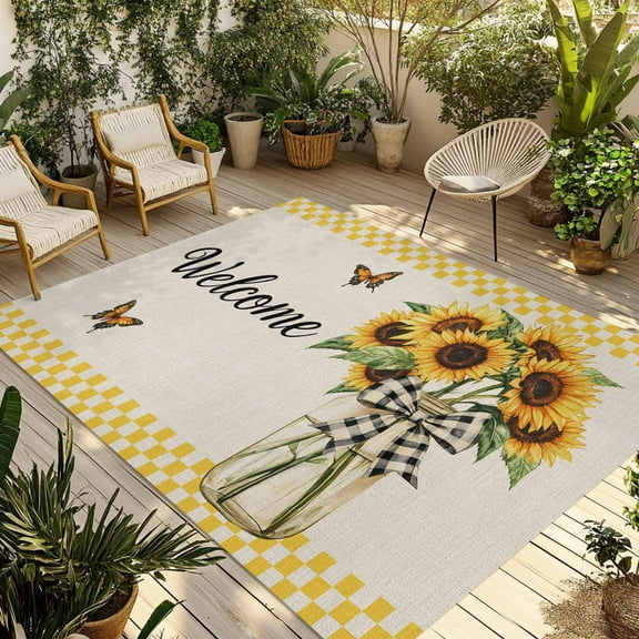 Fsddascl Yellow Sunflower Outdoor Rug for Patio/Deck/Porch, Non-Slip Large Area Rug 6 x 9 Ft, Butterfly Plaid Bow Retro Beige Farm Indoor Outdoor Rugs Washable Area Rugs, Camping Rug Carpet
