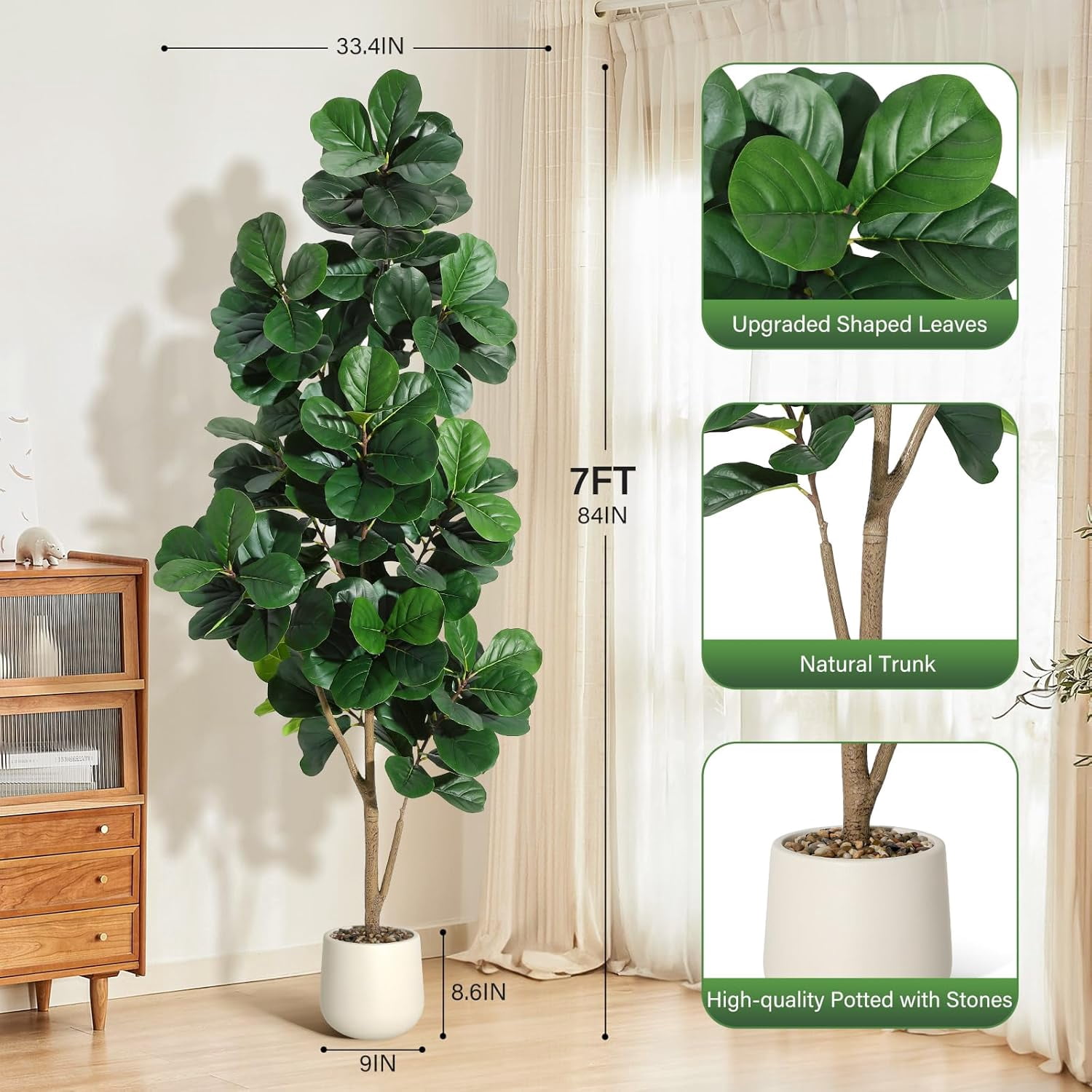 7 ft Fiddle Leaf Fig Tree Artificial with 141 Leaves - Realistic Faux Ficus Lyrata Trees in 9 in White Planter Pot, Indoor Fake Floor Plants for Home Office Living Room Decor, Housewarming Gift