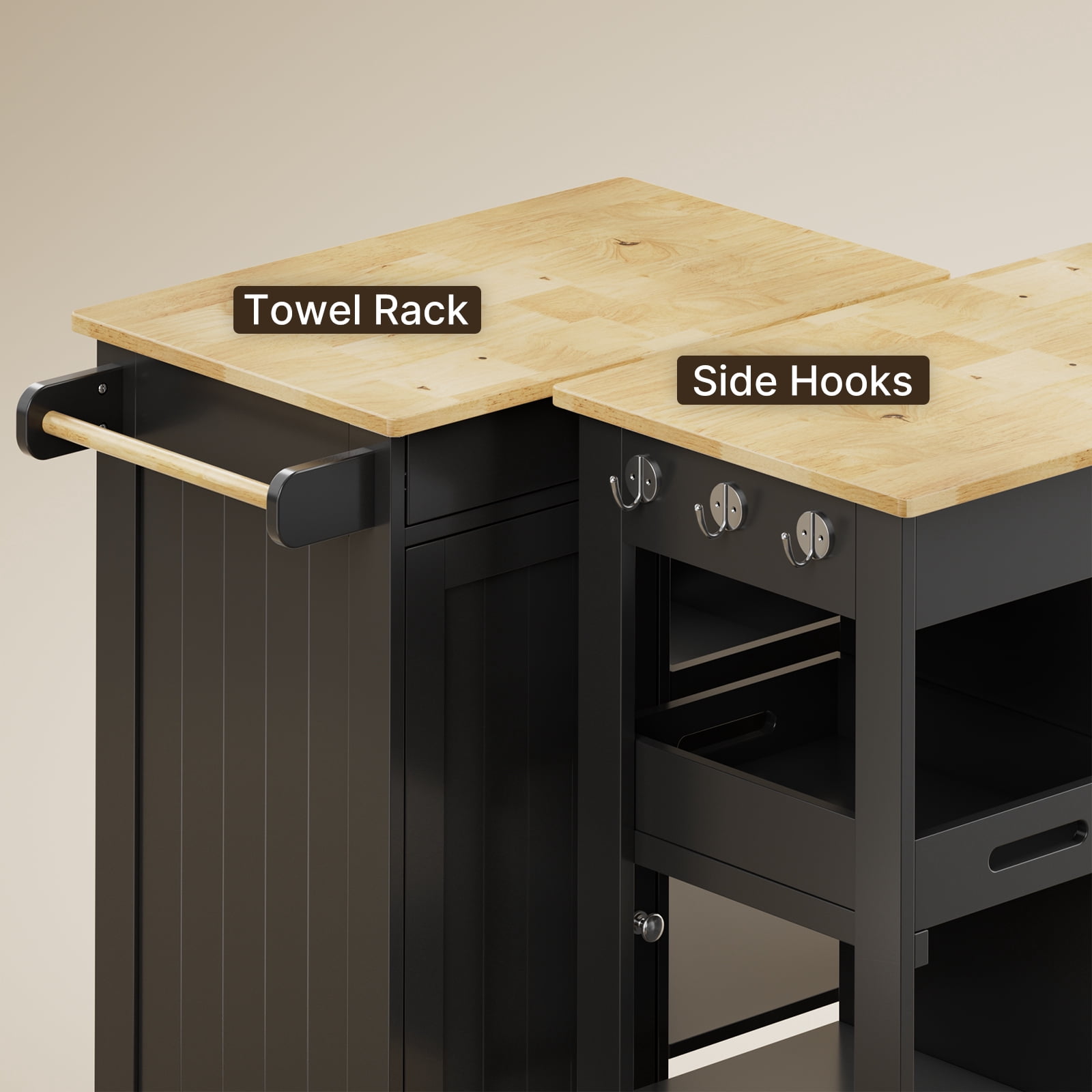 Kitchen Island Cart with Removable Tray, Lofka Kitchen Cart Microwave Cart with Drawer, Cabinet, Towel Rack, Hooks and 3 Open Storage Shelves, Black