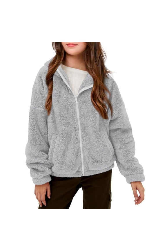 Big Kids Boys Girls Double-Faced Fleece Jacket Plush Lined Winter Warm Zipper Hoodless Coat with Pockets for Children 4-14 Years(Gray,13-14 Years)