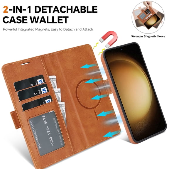 ELEHOLD For Samsung Galaxy S26 Ultra Wallet Case with Magnetic Detachable Back Cover, PU Leather Shockproof TPU Card Pocket Cash Slot Cover Wireless Charging Compatible,Brown