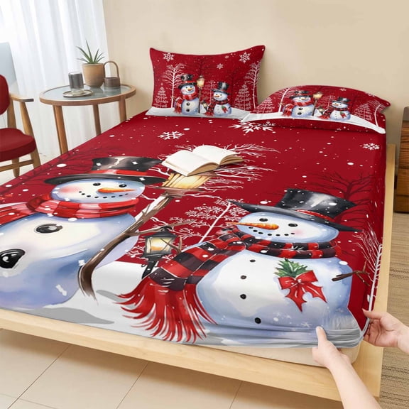 Twin Sze Fitted Sheet Set - Red Christmas 2 Piece Bedding Sets 16" Deep Pocket Fitted Sheet with 1 Pillowcase, Winter Snowman Xmas Tree Snowflake Brushed Microfiber Hotel Luxury Bed Sheets