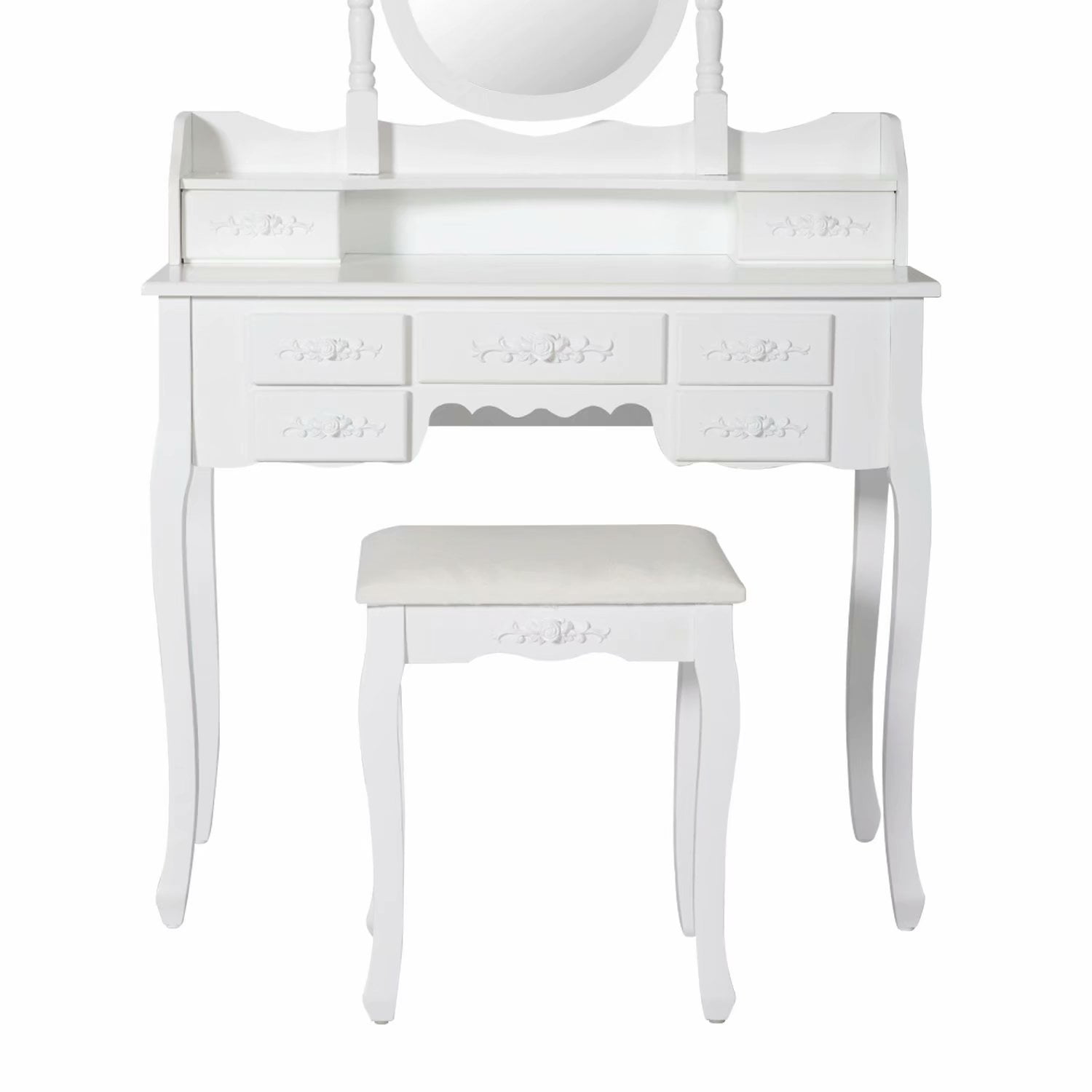 Kinbor Vanity Set With Mirror Cushioned Stool Makeup Dressing Table White Round 7 Organization Drawers