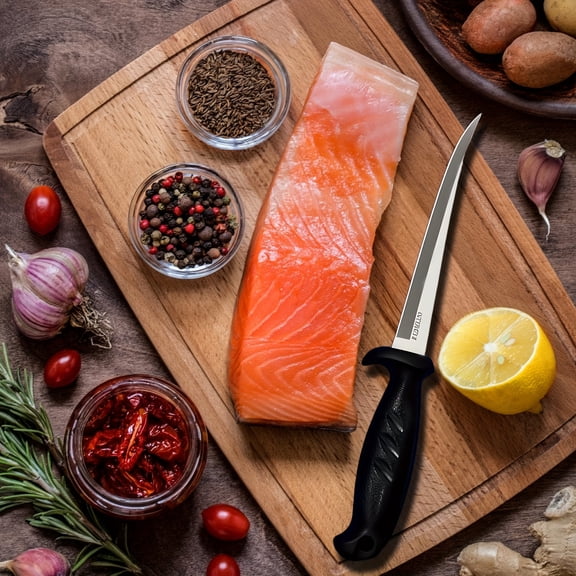 5-Piece Fish Fillet Knife Set – 3 Sharp and Flexible Fish Fillet Knives, 6" Serrated Fish Knife, Stainless Steel Blades with Sharpener, Cover, and Towel