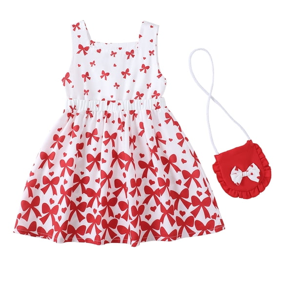Baby Girls Clothes Toddler Girls Summer Dress 3T Girl Sleeveless Dress 4T Girls Sundress Bowknot Print Dress with Cute Bag Red