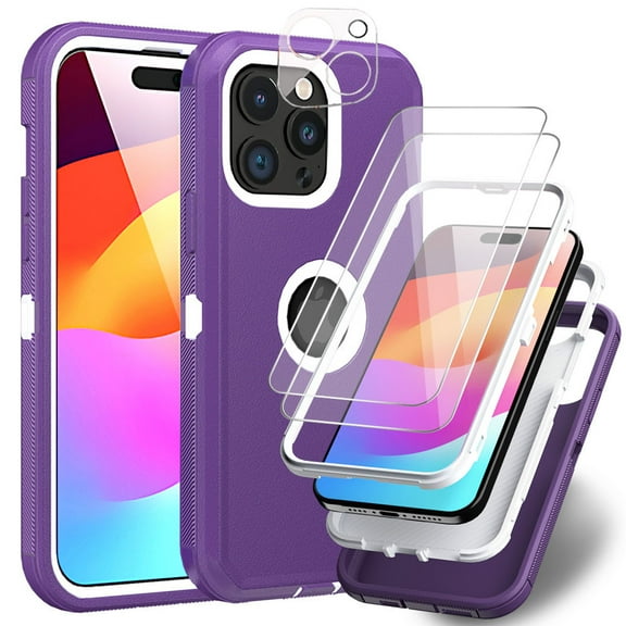 Xhy for iPhone 15 Case with Screen and Lens Protector Military Grade Heavy Duty 3 in 1 Shockproof Armor iPhone 15 6.1 inch 2023 Phone - Purple White