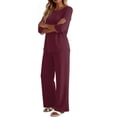 thumbnail image 5 of Stralyhd Lounge Sets for Women Summer 2 Piece Outfits 3/4 Length Sleeve Crew Neck Top Matching Wide Leg Pants Cozy Loungewear Loose Fashion Clothing Vacation Wear Wine L, 5 of 6
