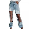 thumbnail image 7 of LYMAYTER Womens Ripped Jeans High Waisted Rhinestones Chain Party Straight Trousers S-XL, 7 of 7