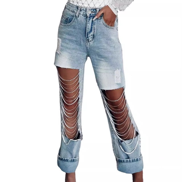 LYMAYTER S-XL Women Casual Jeans Mid Waist Ripped Jeans Chains Rhinestones Stretch Distressed Denim Pants