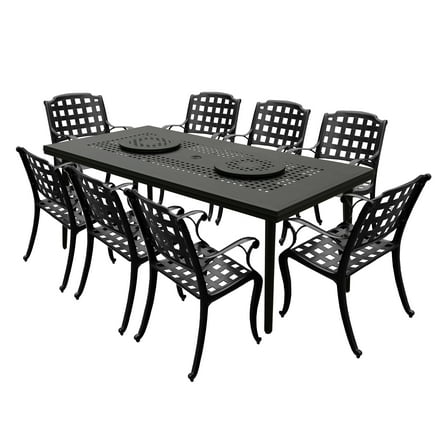 Aluminum 9pc Rectangular Patio Dining Set, Lazy Susans, Eight Chairs