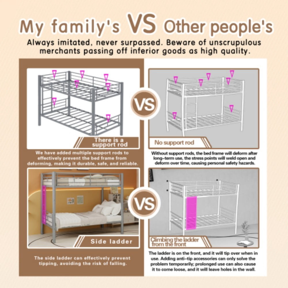 Twin Metal Bunk Bed, Convertible & Detachable into 2 Twin Beds, Heavy-Duty Iron Frame, 400 lbs Capacity, Guardrails & Ladder, Silver