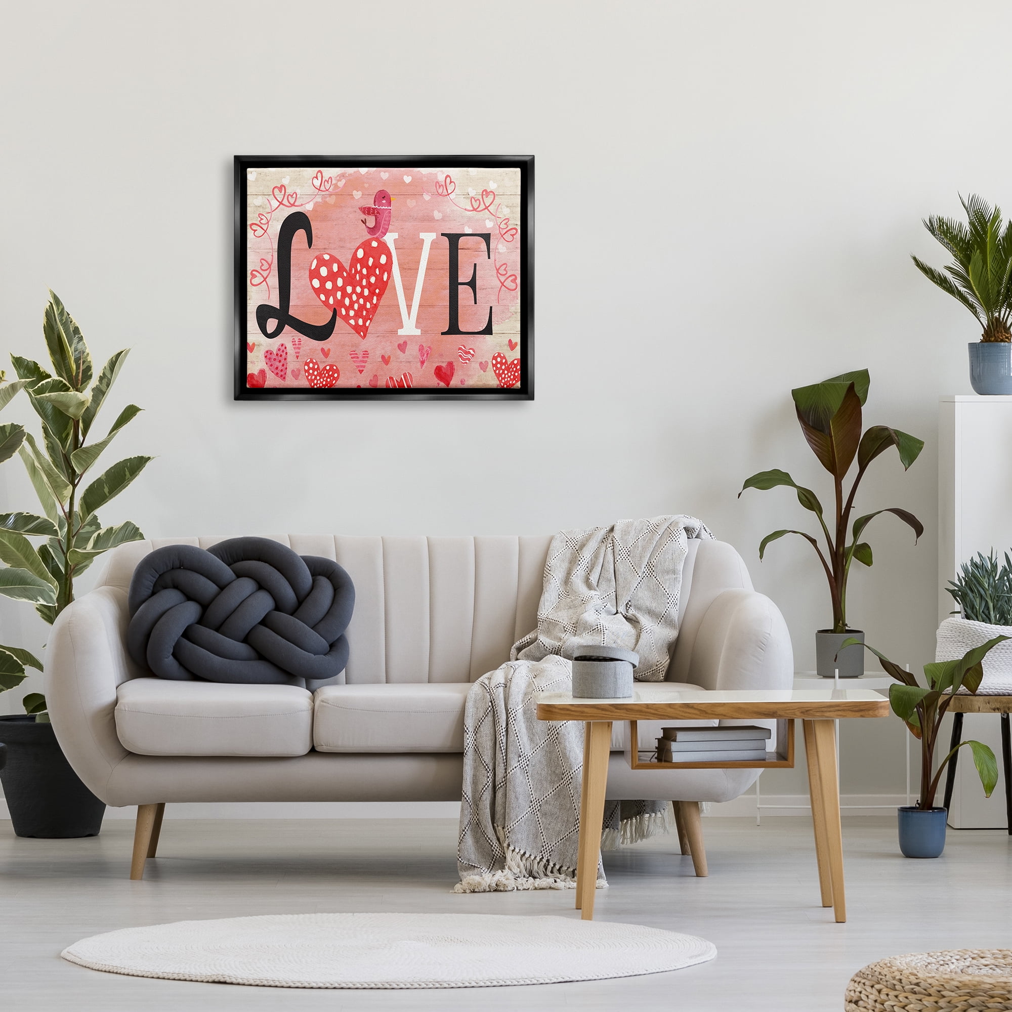 Stupell Romantic Love Patterned Hearts Bird Holiday Painting Black Floater Framed Art Print Wall Art