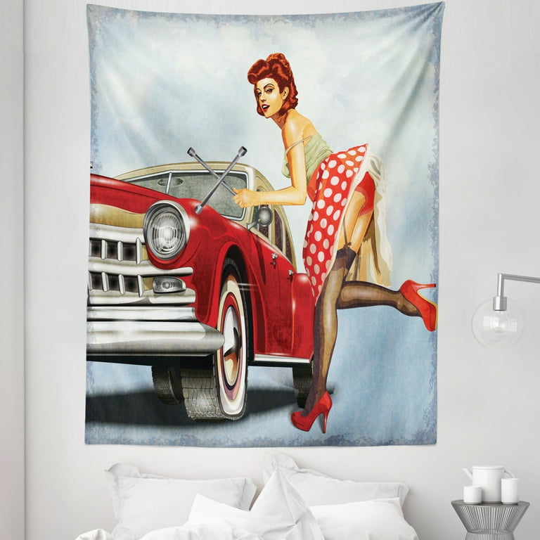 Pin up Girl Tapestry Retro Girl with Polka Dot Patterned Midi Skirt Fixing Classic Red American Car Fabric Wall Hanging Decor for Bedroom Living