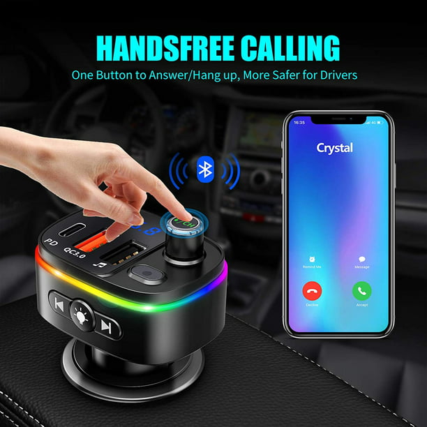 Bluetooth FM Transmitter, 7 Color LED Car Adapter with QC3.0, Siri Google  Assistant, Handsfree Car Kit