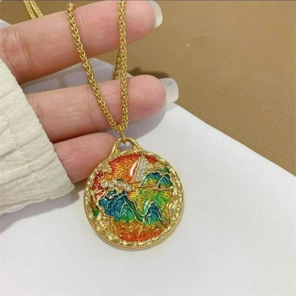 Gold Plated Cloisonne Enamel Landscape Pendant Necklace Chinese Painting Style Charm Jewelry for Women Gift