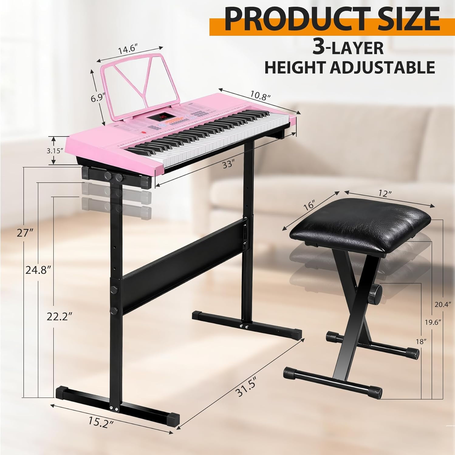 HarmonyStrings 61-Key Portable Electric Keyboard Piano with Built In Speakers, LED Screen, Headphones, Microphone, Piano Stand, Music Sheet Stand and Stool Pink