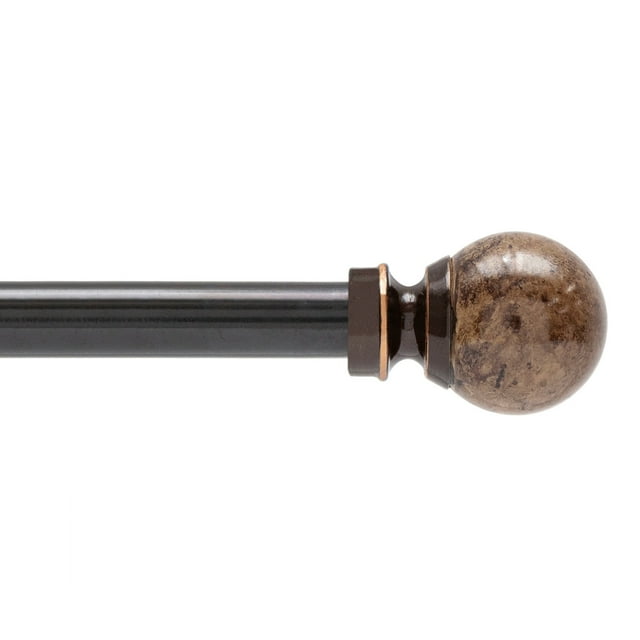 Dark brown curtain rod featuring a round, mottled bronze ball finial at the end.