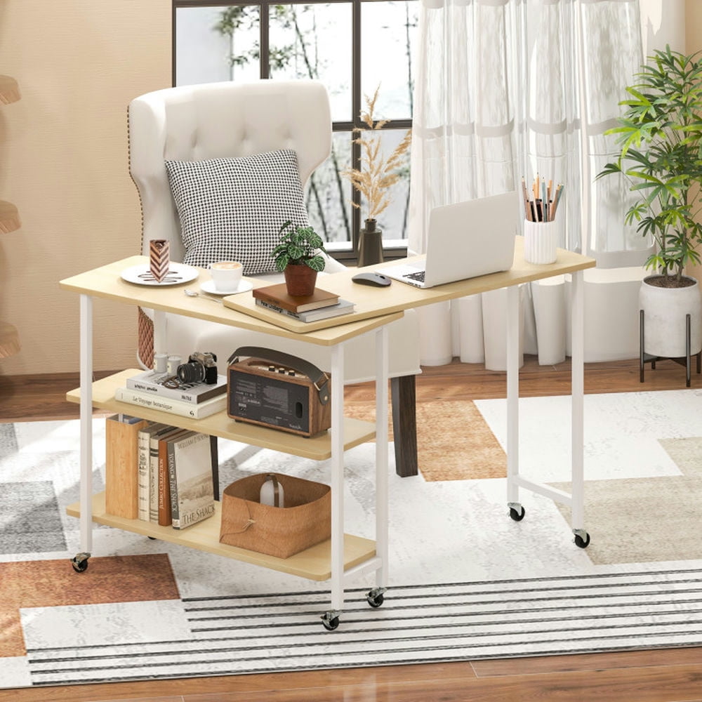 Demi Bonn 360° Rotating Computer Desk with 2-Tier Storage Shelves, Small Home Office Desk Study Writing Table, Beige