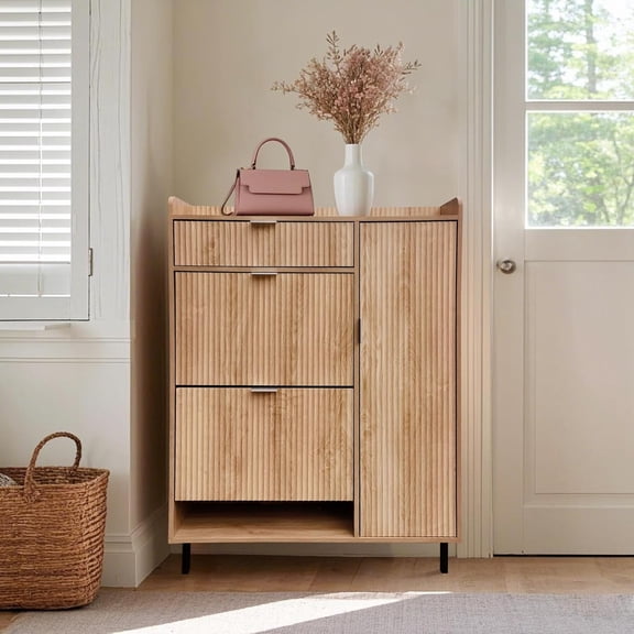Shoe Storage Cabinet with 2 Flip Drawers, Freestanding Shoe Cabinet, Entryway Storage, Adjustable Shelves, Metal Legs, Wave Pattern, Narrow Shoe Organizer Cabinet with Doors