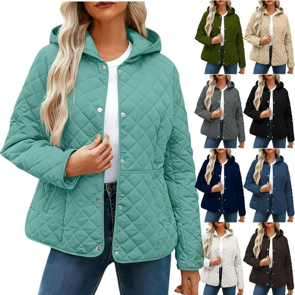 Fartey Women's Winter Quilted Jackets Long Sleeve Button Up Hooded Jacket Winter Casual Lightweight Coats with Pockets Brown S