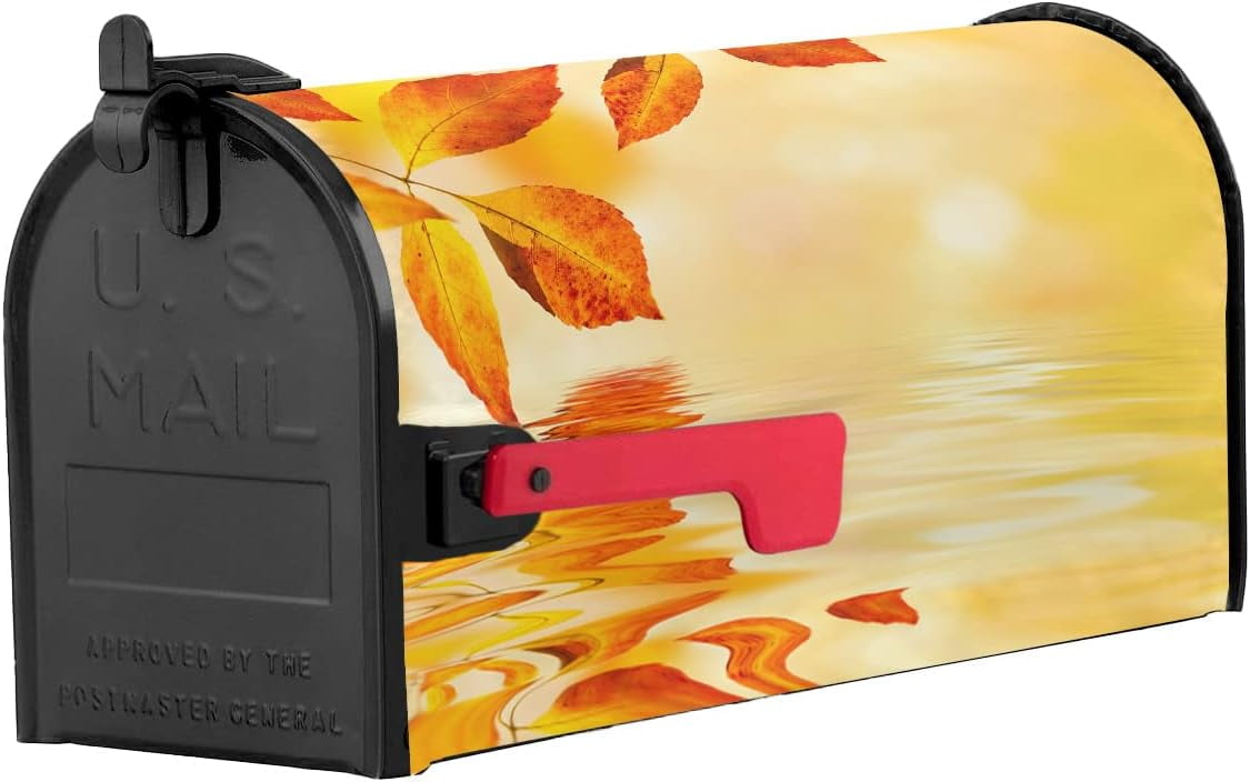 Mailbox Cover Magnetic Mailbox Wraps, Autumn Water Surface Golden Yellow Fallen Leaves Mailbox Covers Standard Size 18x21 Inch Mail Wrap Post Letter Box Decoration for Outdoor Gardern Yard