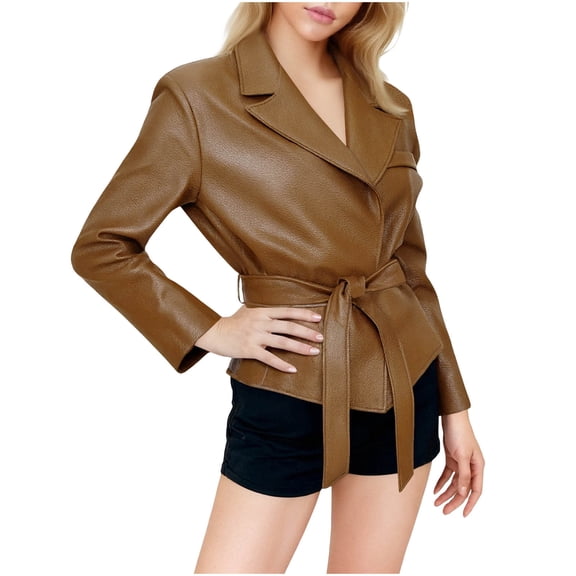 Yangnuo Womens Trendy Solid Color Lapel Leather Jackets 2026 Women's Casual Long Sleeved Turndown Collar Zipper Hoodless Jacket