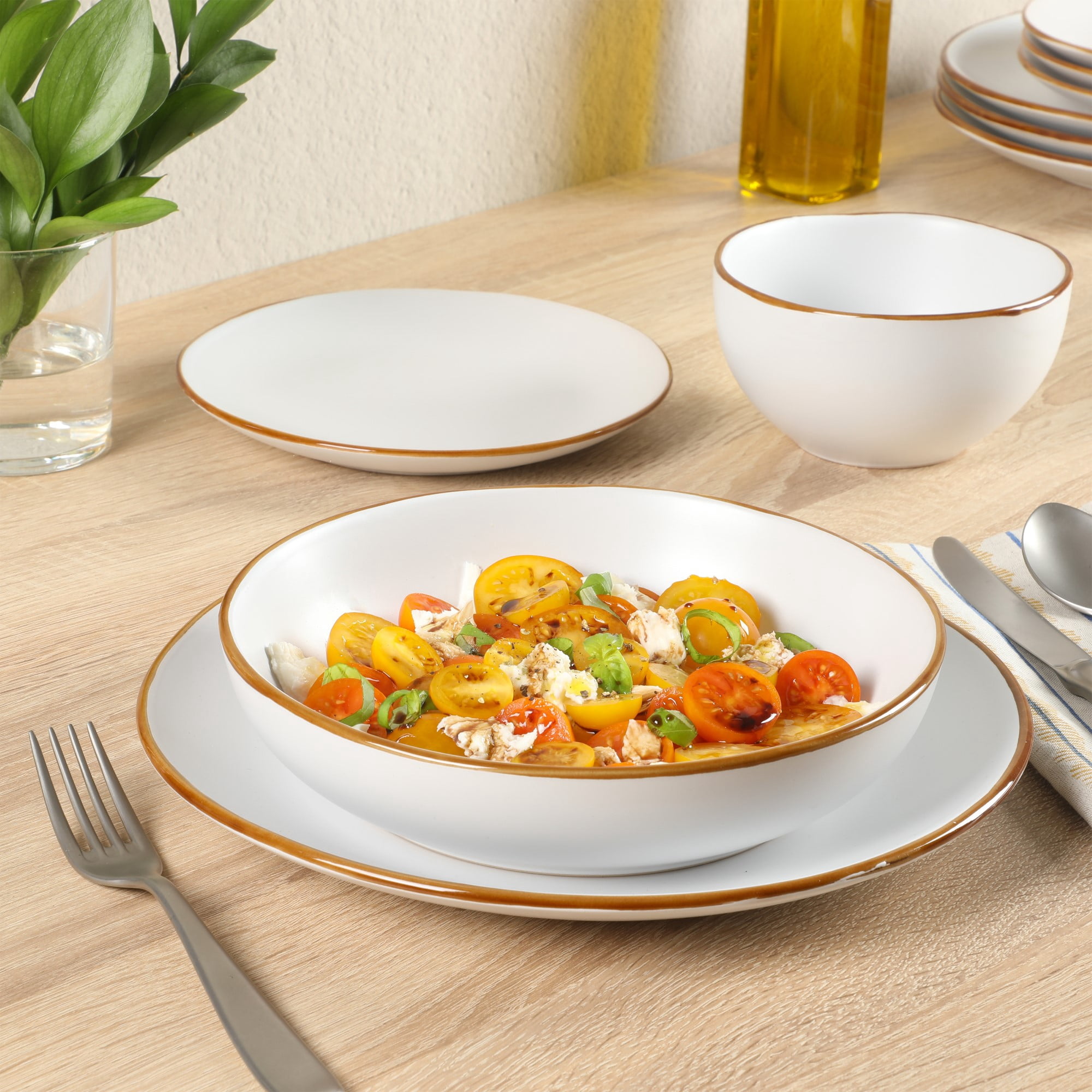 Gibson Home Hazeltine 16 Piece Plates and Bowls Dishes Stoneware Ceramic Dinnerware Set - White