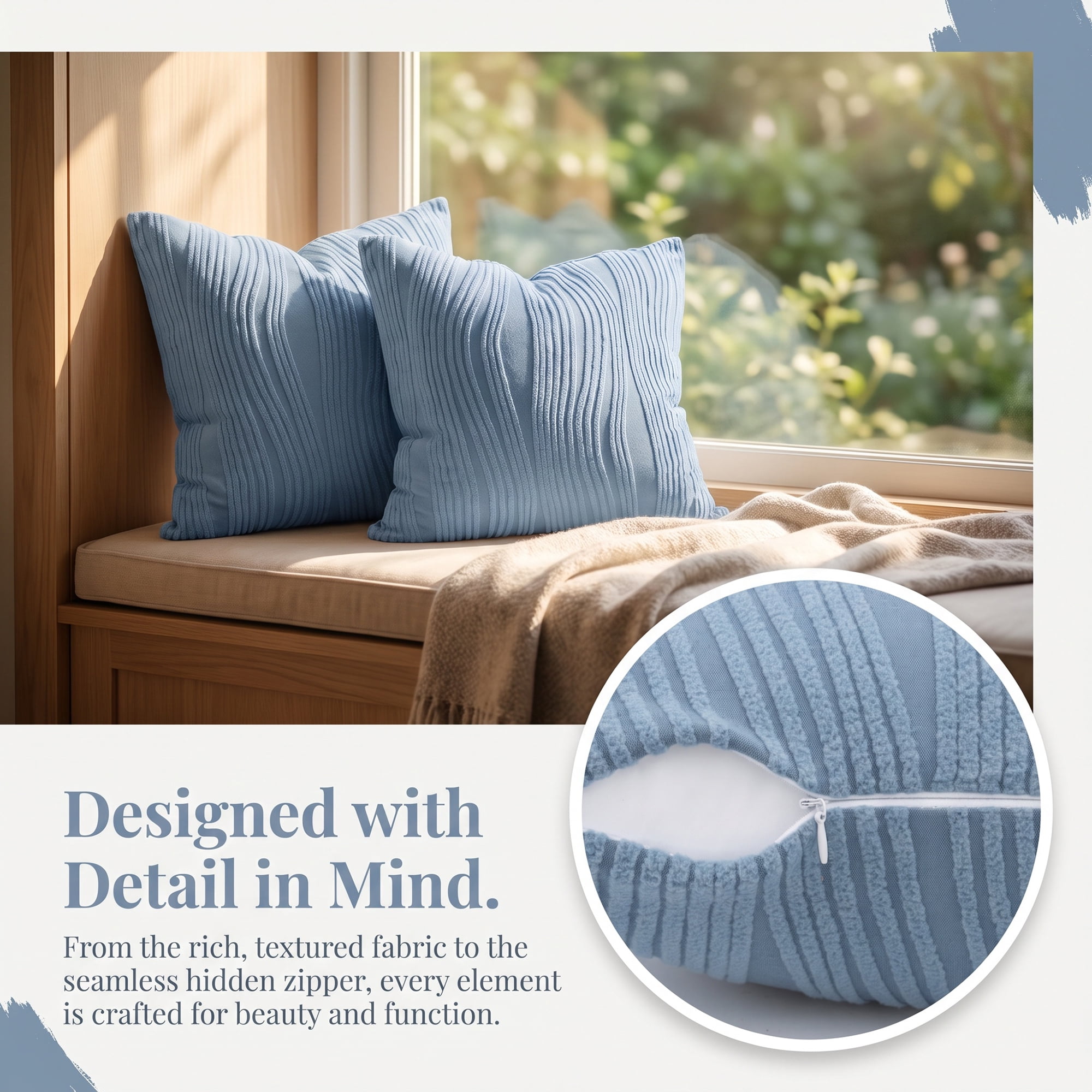 Unique Bargains 2Pcs Wave Textured Throw Pillow Cover Jacquard Cushion Cases Blue 18"x18"
