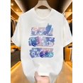 thumbnail image 1 of Camiseta informal de verano para niño con estampado de gato, manga corta, algodón suave, cuello redondo, ligera, lavable a máquina, diseño geométrico divertido en azul y morado., 1 of 6