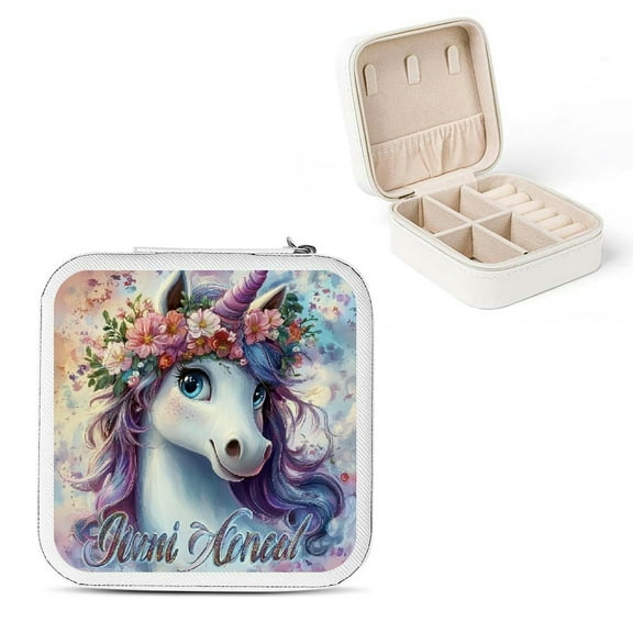 ZFLMY Unicorn Flower Crown Jewelry Box Travel Case for Necklace, Ring, Earring - Compact Size with Multiple Storage Spaces White