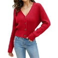 thumbnail image 4 of Long Sleeve V-Neck Women Knit Cardigan Buttons Cropped Sweater, 4 of 5