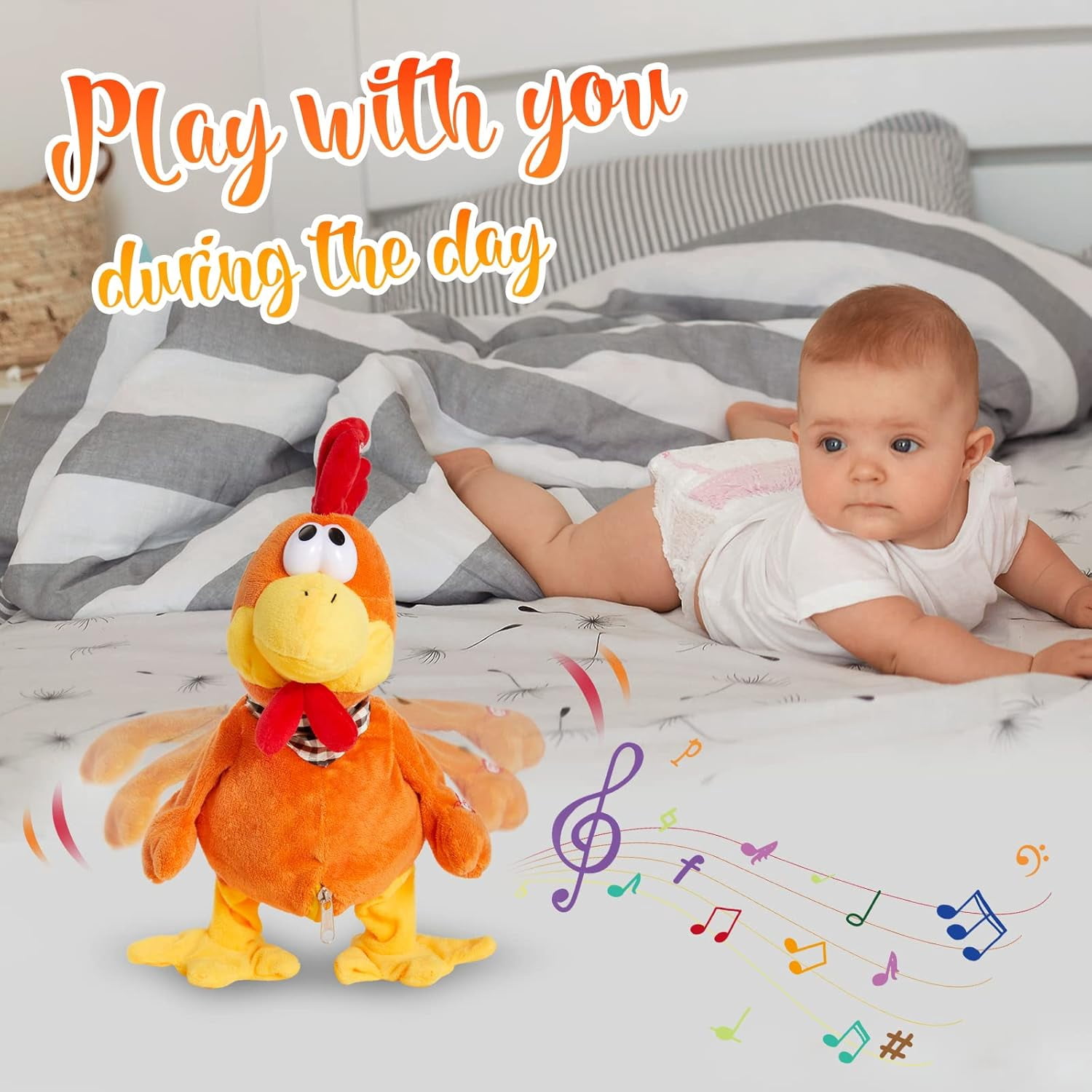 Waving Rooster Plush Toy wCozyWorld 15" Electronic Squawking Chicken Toy, Easter Chicken Stuffed Animal Interactive Musical Walking Singingith Bib Present for Kids Boys Girls Halloween  Day