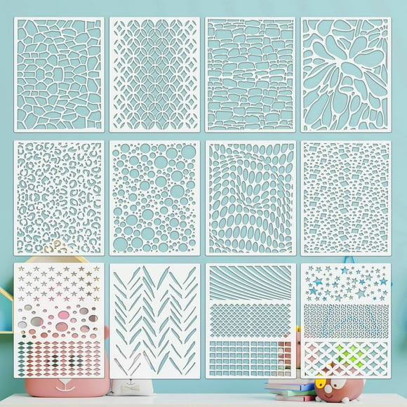 CraftyShapes 12-Piece Geometric Painting Stencils Set - Reusable Art Templates for DIY Home Decor, Wood, Furniture, and Scrapbooking