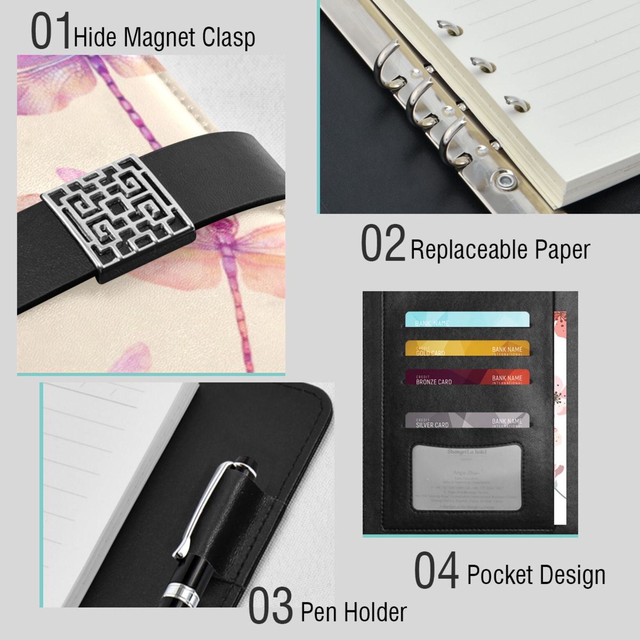 Leather Planner Leather Notebook Notebook Journal Binder Design Pen Pocket Design Convenient for Storage Purple Dragonfly