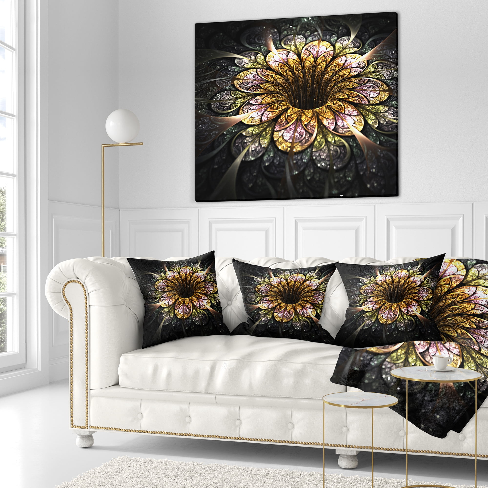 Designart Dark Golden Fractal Flower Digital Art - Floral Throw Pillow - 18x18