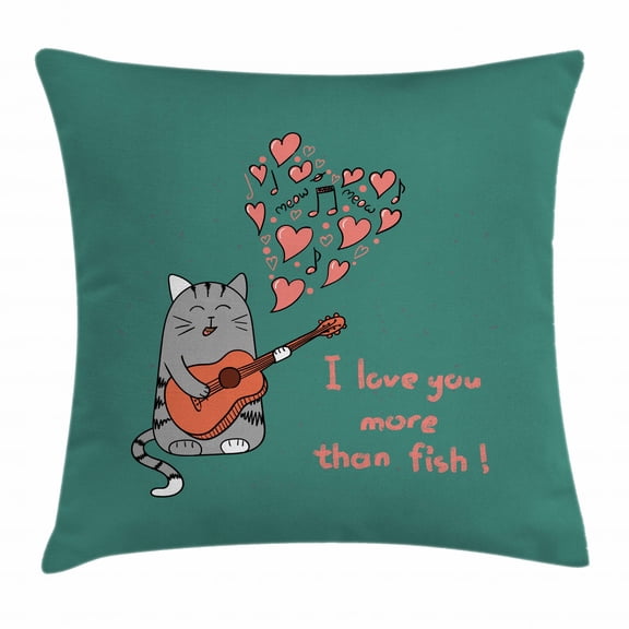 I Love You More Throw Pillow Cushion Cover, Cartoon Singing Cat with Guitar More Than Fish Song Music Notes and Hearts, Decorative Square Accent Pillow Case, 24 X 24 Inches, Multicolor, by Ambesonne