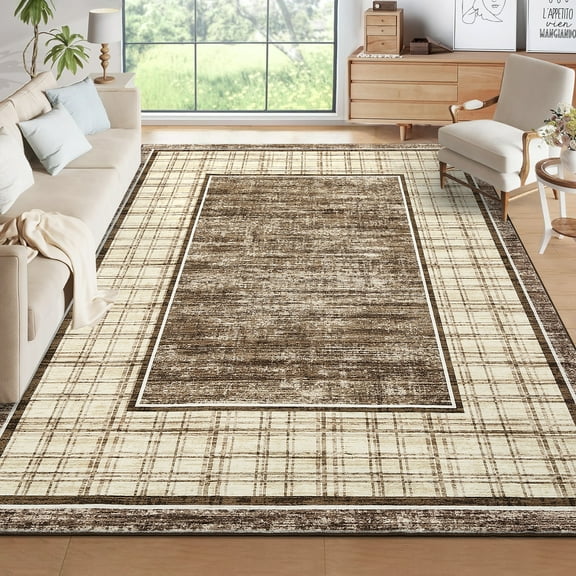 Hasoo Washable Living Room Area Rug 9x12 Large Modern Plaid Geometric Non-Slip Soft Foldable Indoor Camel Carpet
