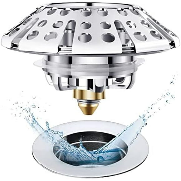 Universal Tub Stopper Bathtub Drain Plug, Pop Up Tub Drain Hair Catcher, Drain Cover with Strainer, for 1-3/8 to 2in Bath Drain Hole Silver Silver Silver