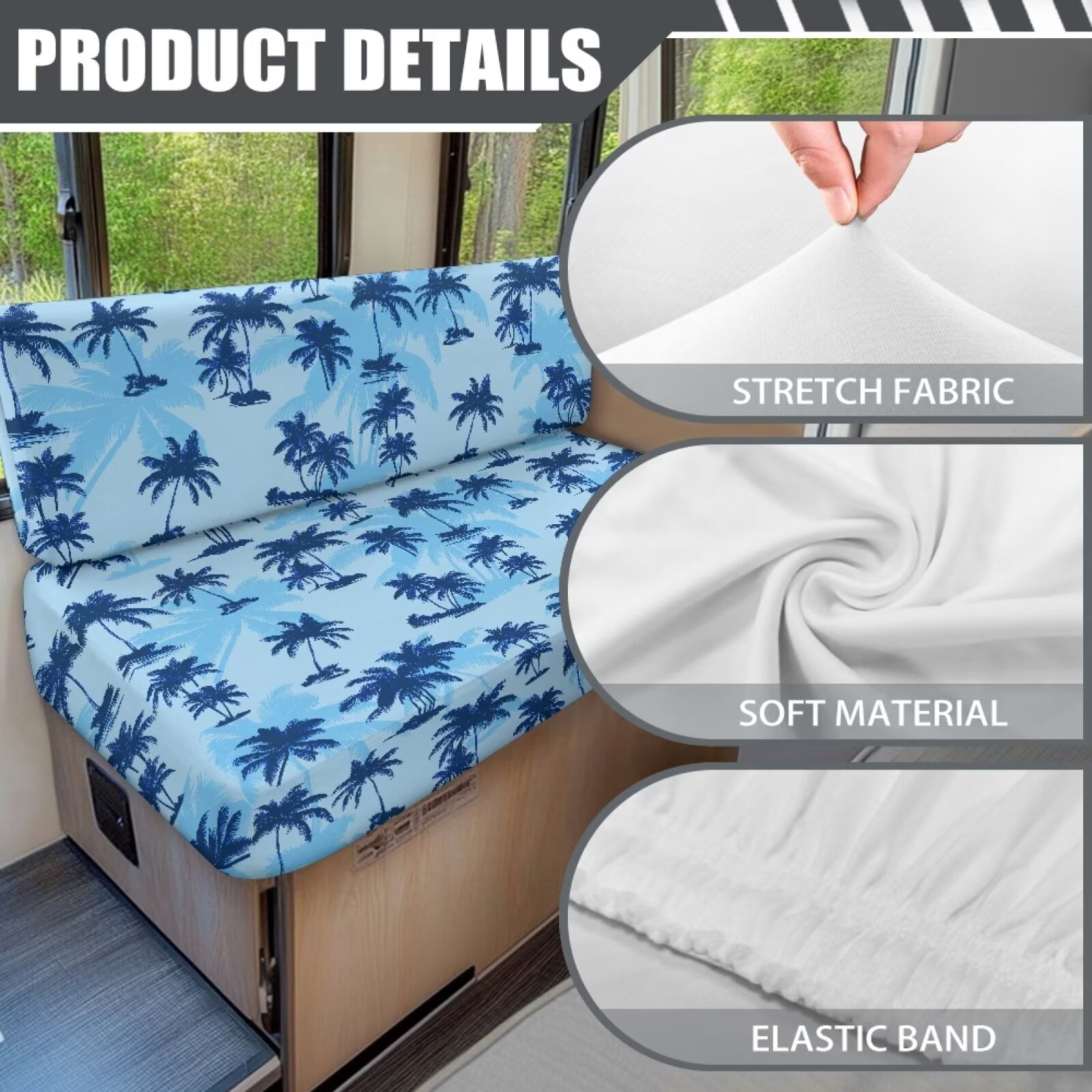 Uorisanigo Blue RV Dinette Cushion Covers, Stretch Coconut Tree Camper Dinette Seat Cover, Replacement RV Seat Cover, Cushion Slipcovers for Camper Include 1 Backrest & 1 Bench Covers