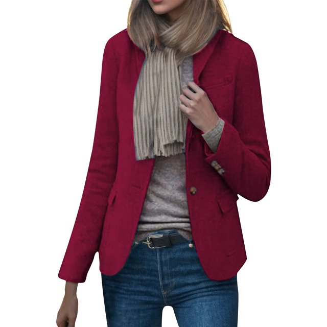 Gibobby Blazer de mujer elegante chamarra casual para mujer de manga larga con solapa y botones delanteros abiertos para trabajo negocios con bolsillos(Rojo,M)