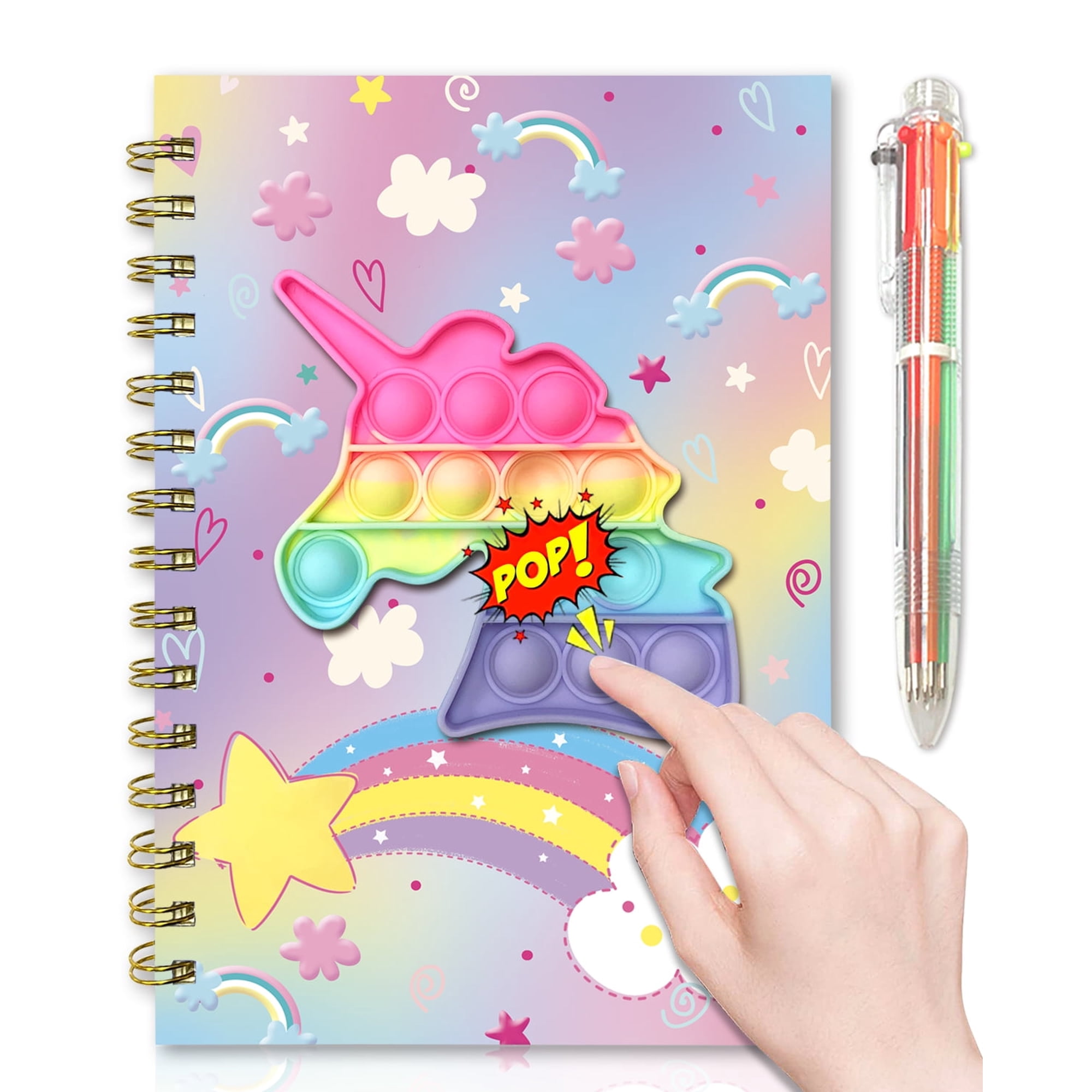 Pop Notebook with Pen, 21x14.5cm 160 Lined Pages Unicorn Spiral Journal for Studnets with 6 Multicolor Pen Fidget Writing Notebook Birthday Gifts for friends & family