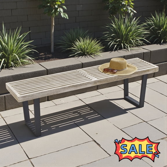 Tcbosik Outdoor Wooden Bench, 61.7" Porch Bench with Metal Legs, 2-Seater Chair for Deck, Patio, Garden, Backyard, Black & Gray