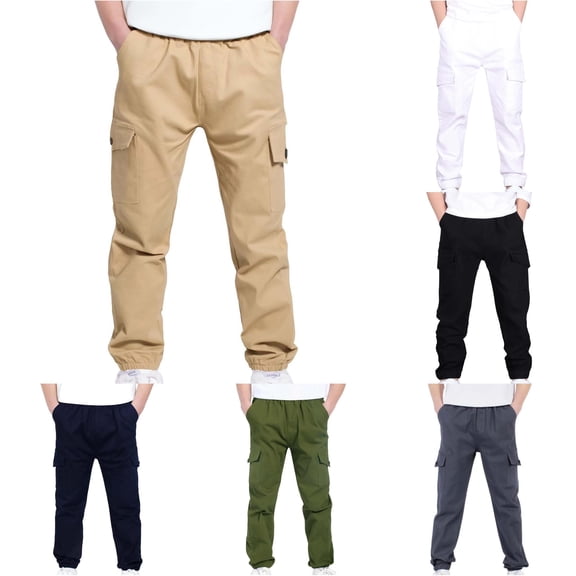 ZXLBBD Boys' Cargo Pants Stretch Elastic Waist School Uniform Kids Twill Joggers Solid Color Slim Fit Dress Pants Fashion Casual Outdoor,Beige,Size 4 Y-5 Y